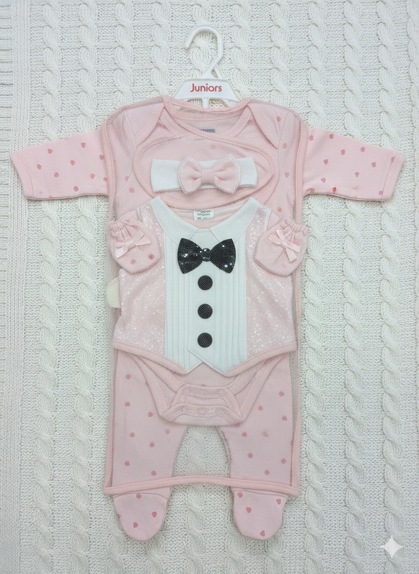 11- Piece Pink Hearts Romper & Sequined Tuxedo Bib Set
