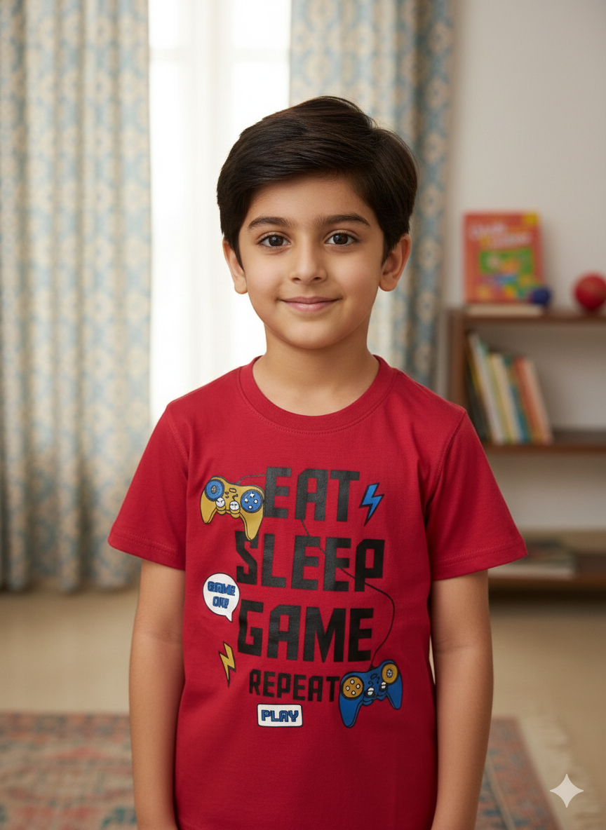 Boys "Eat Sleep Game Repeat" Graphic Tee – Crimson Red