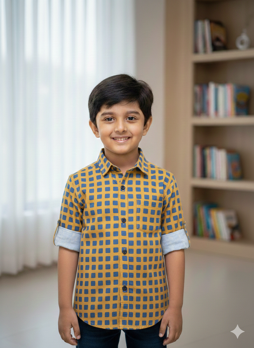 Boys' Mustard Yellow & Blue Grid Print Casual Cotton Shirt
