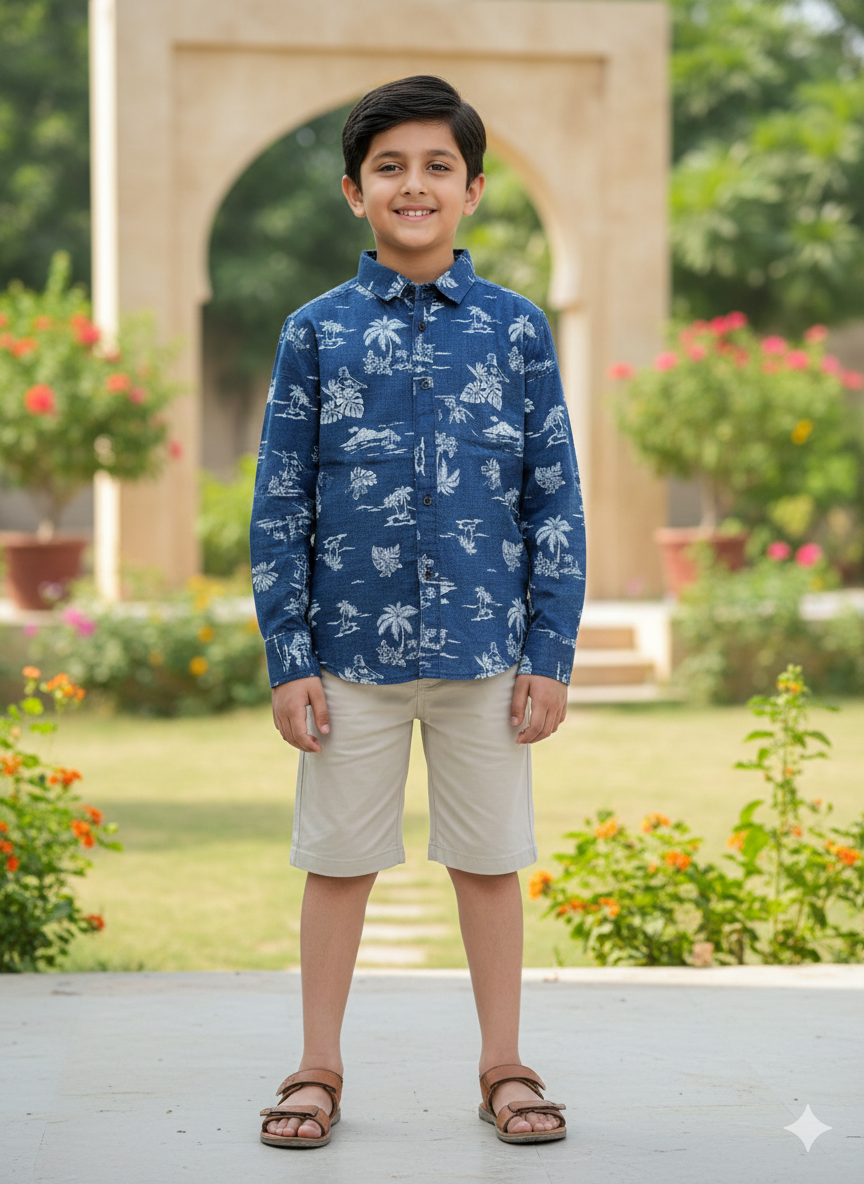 Boys' Blue Tropical Palm Tree Print Casual Button-Down Shirt
