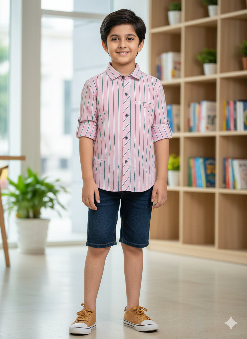 Boys' Pink & White Vertical Striped Casual Button-Down Shirt